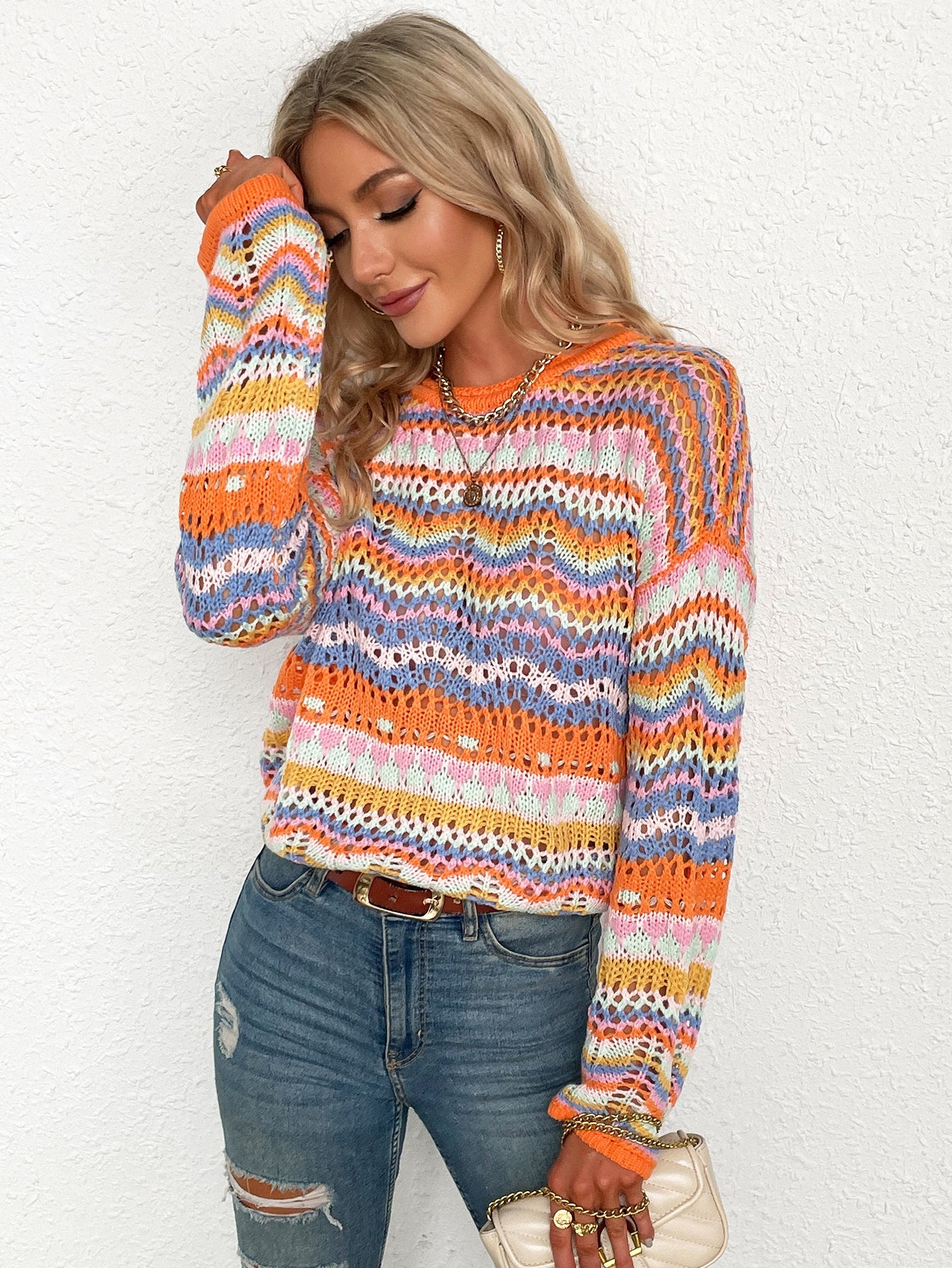 Autumn Winter New Stitching Knitwear Loose Color Rainbow round Neck Striped Sweater for Women