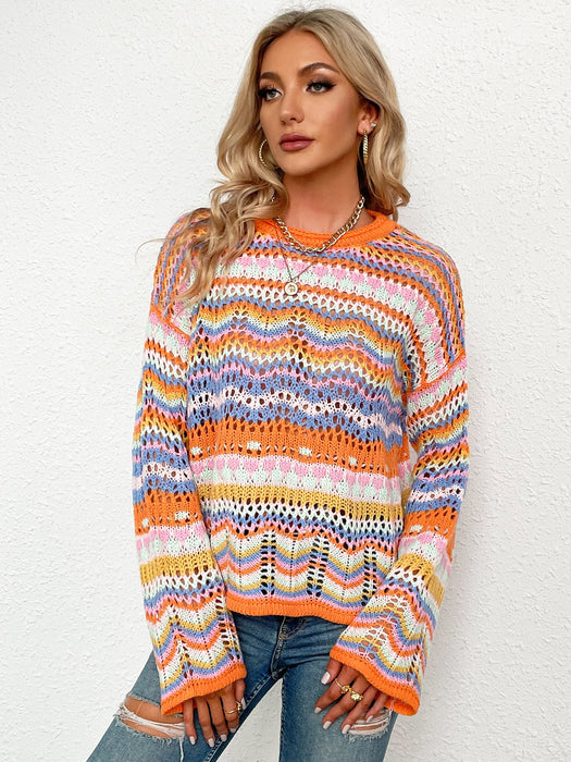 Autumn Winter New Stitching Knitwear Loose Color Rainbow round Neck Striped Sweater for Women