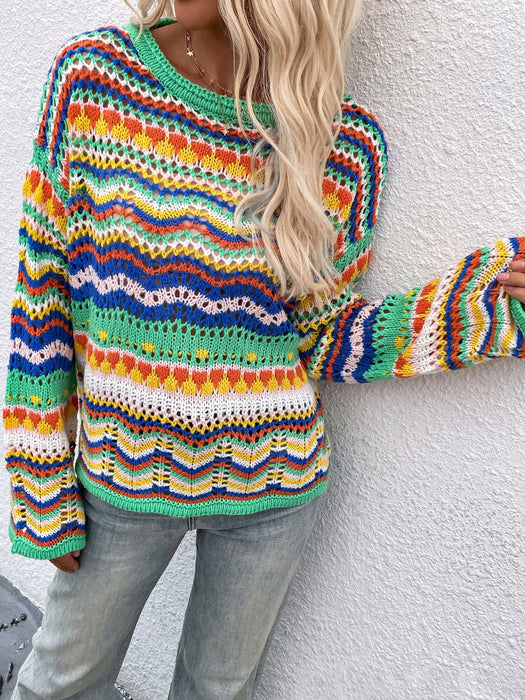 Autumn Winter New Stitching Knitwear Loose Color Rainbow round Neck Striped Sweater for Women