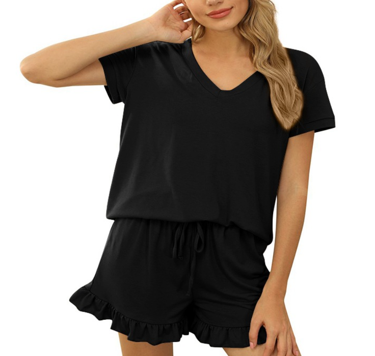 Spring Summer Women Clothing Women Short-sleeved V-neck Top Shorts Home Two-piece Suit Cozy