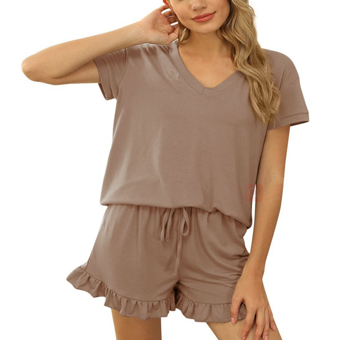 Spring Summer Women Clothing Women Short-sleeved V-neck Top Shorts Home Two-piece Suit Cozy