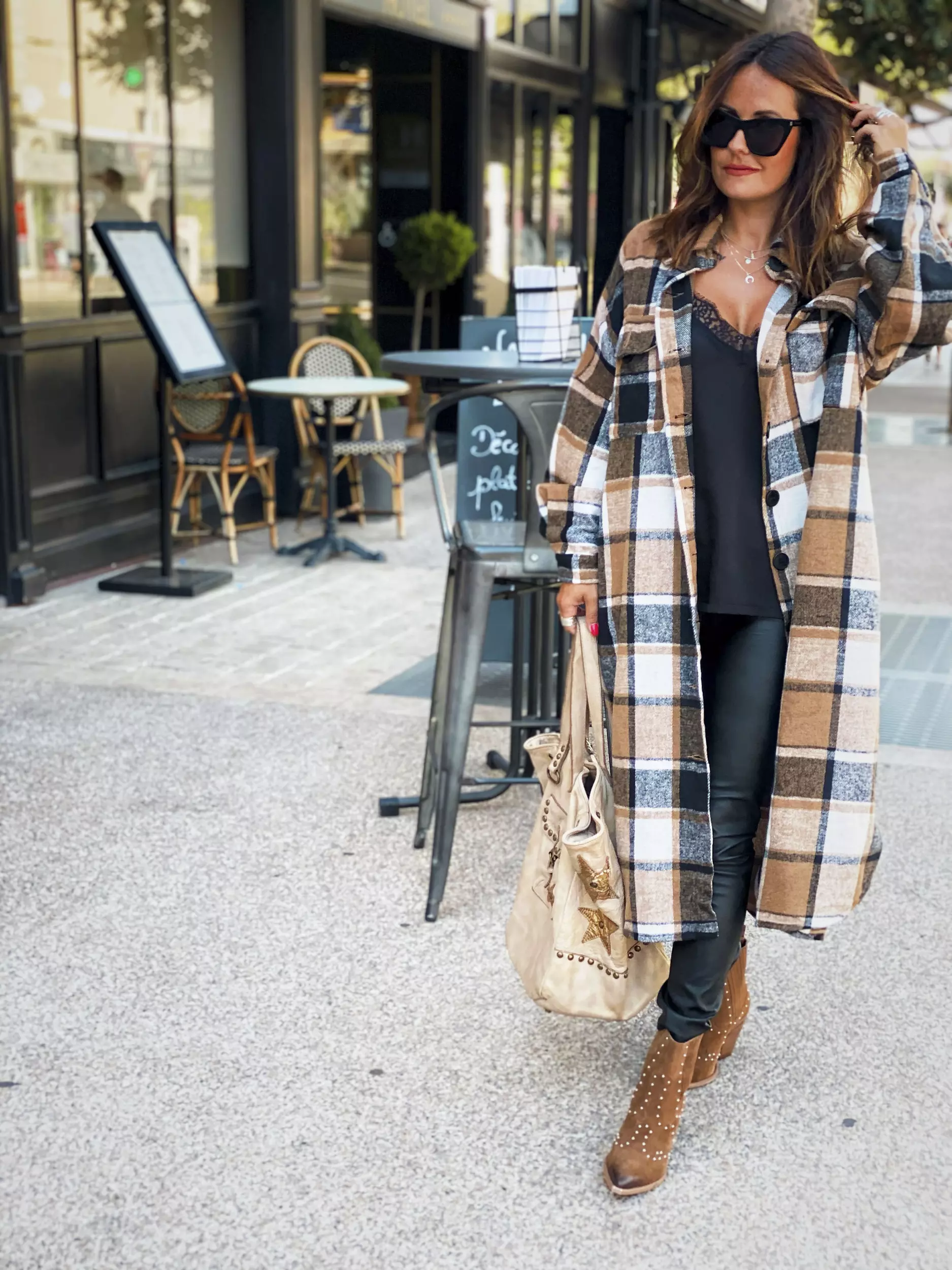 Autumn Winter Long Windbreaker Side Slit Collared Slim Fit Women Woolen Plaid Coat