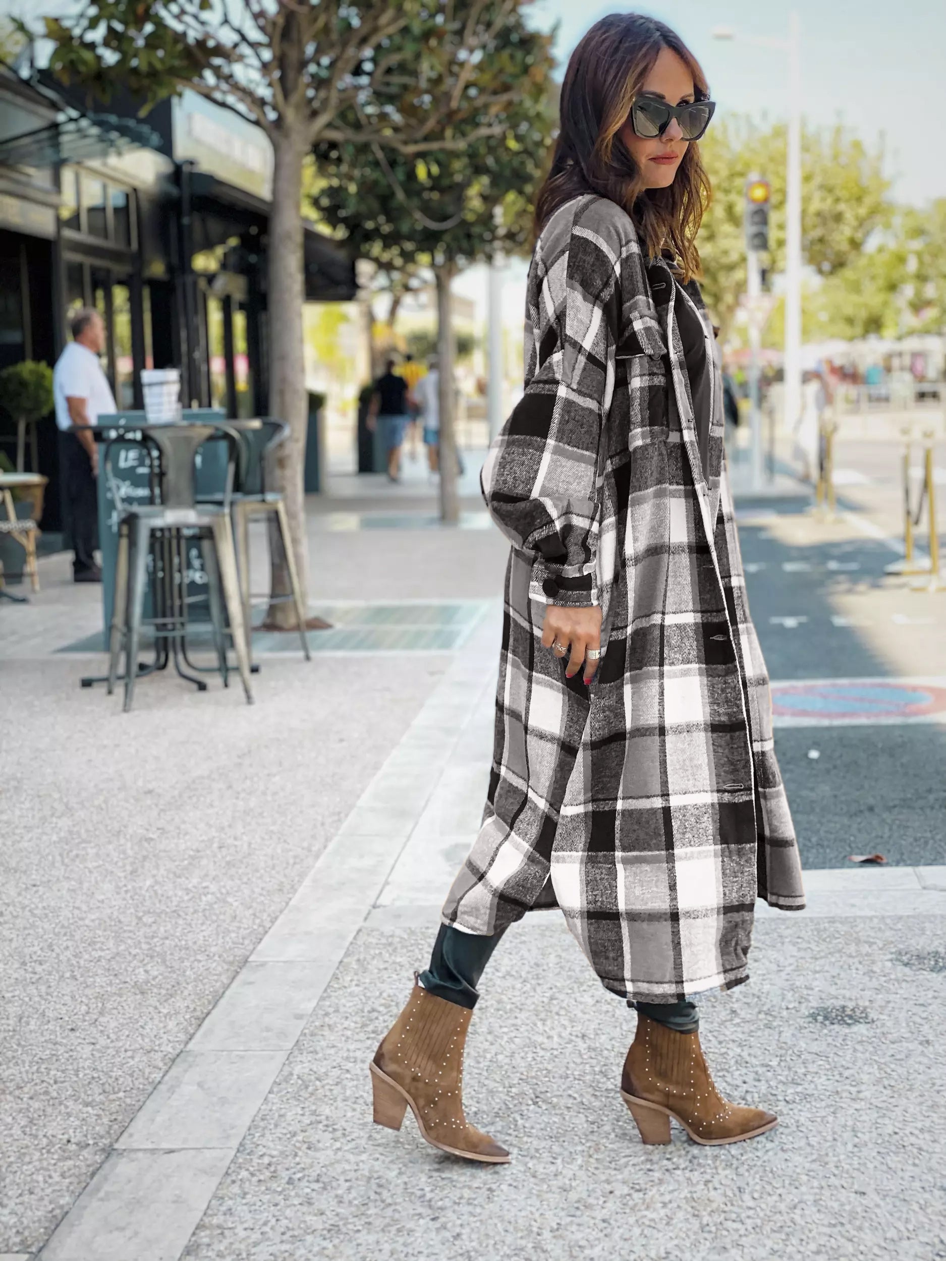 Autumn Winter Long Windbreaker Side Slit Collared Slim Fit Women Woolen Plaid Coat