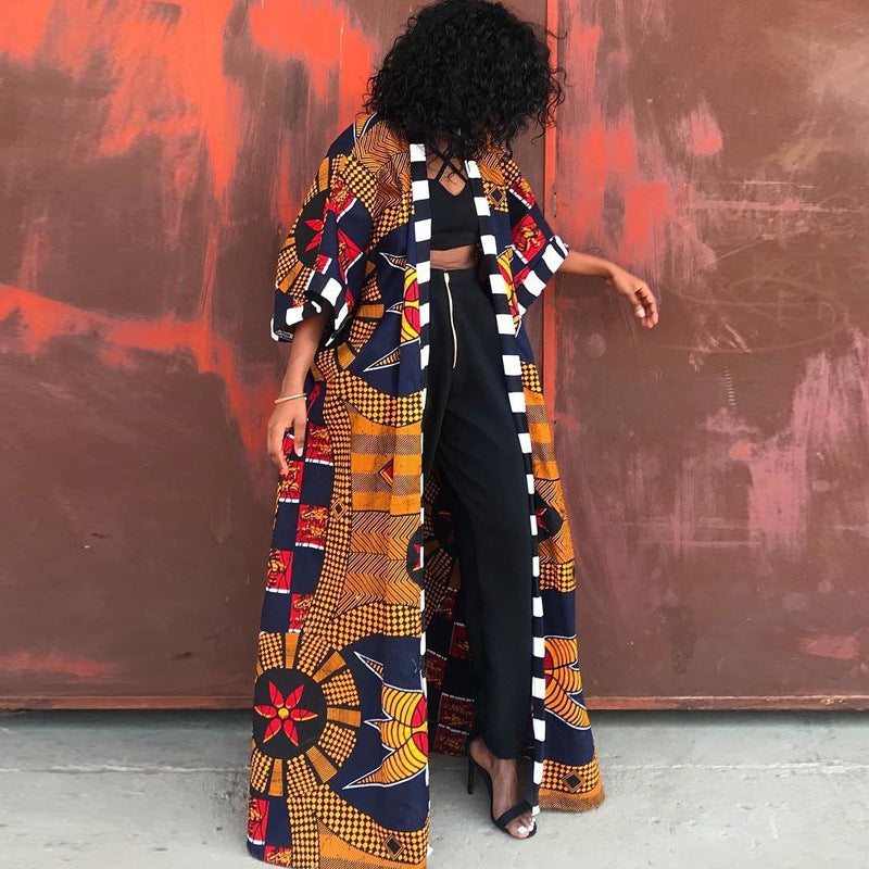 Women Spring Clothing Windbreaker African Ethnic Women Coat Long Printed