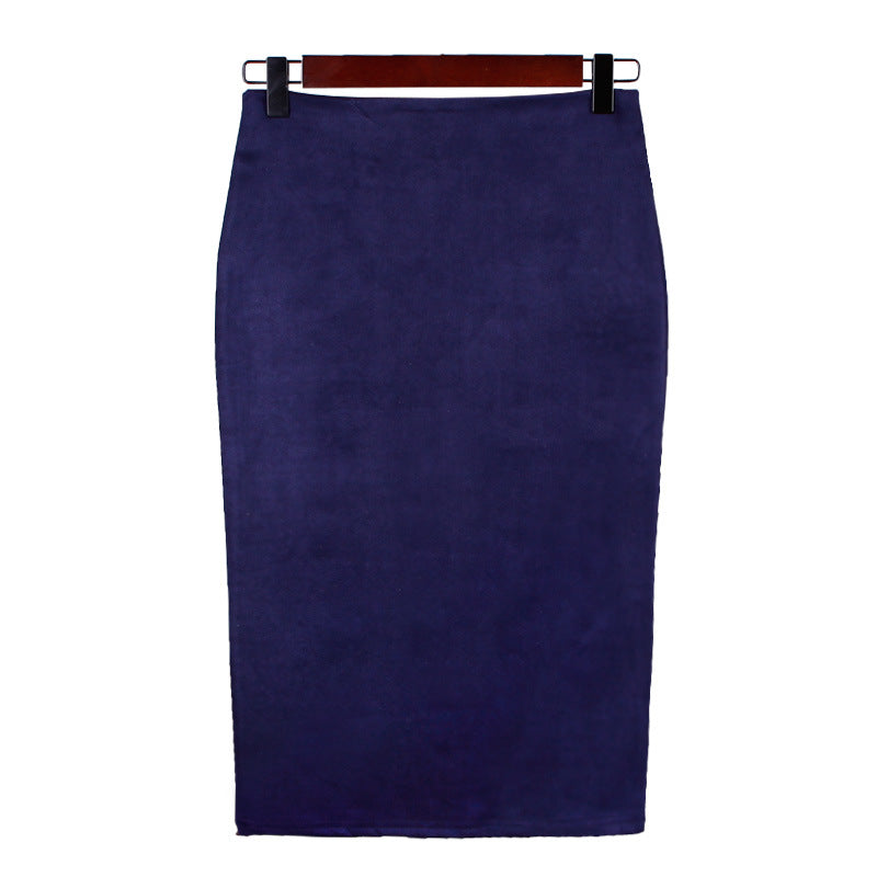 Solid Color Split Suede Skirt High Waist Slimming Sheath Skirt