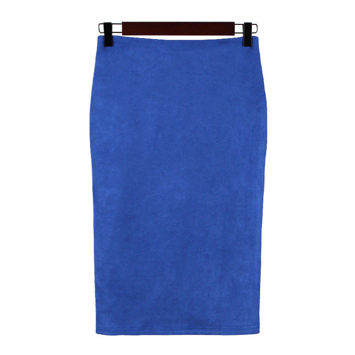 Solid Color Split Suede Skirt High Waist Slimming Sheath Skirt