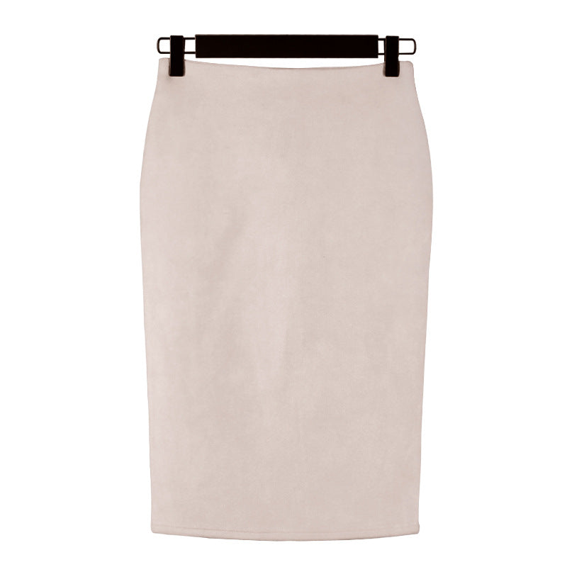 Solid Color Split Suede Skirt High Waist Slimming Sheath Skirt