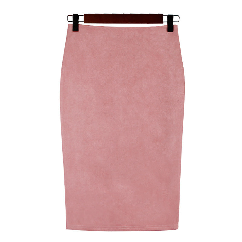 Solid Color Split Suede Skirt High Waist Slimming Sheath Skirt