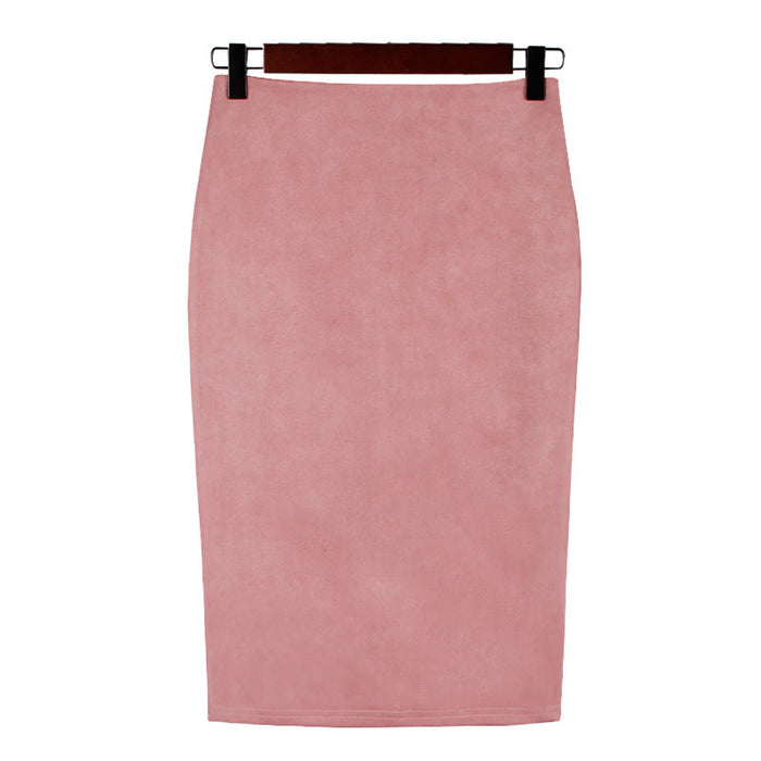 Solid Color Split Suede Skirt High Waist Slimming Sheath Skirt