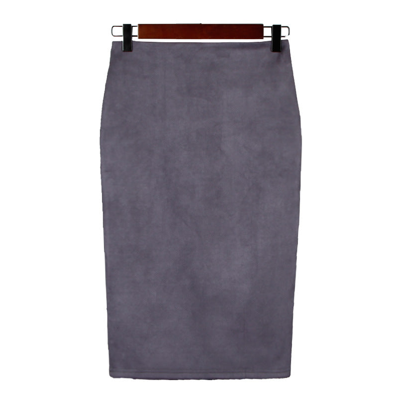 Solid Color Split Suede Skirt High Waist Slimming Sheath Skirt