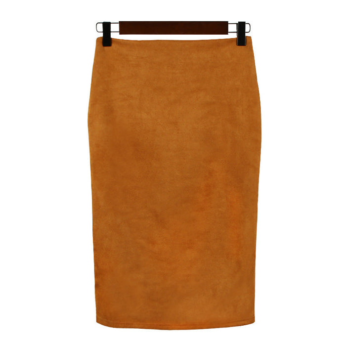 Solid Color Split Suede Skirt High Waist Slimming Sheath Skirt