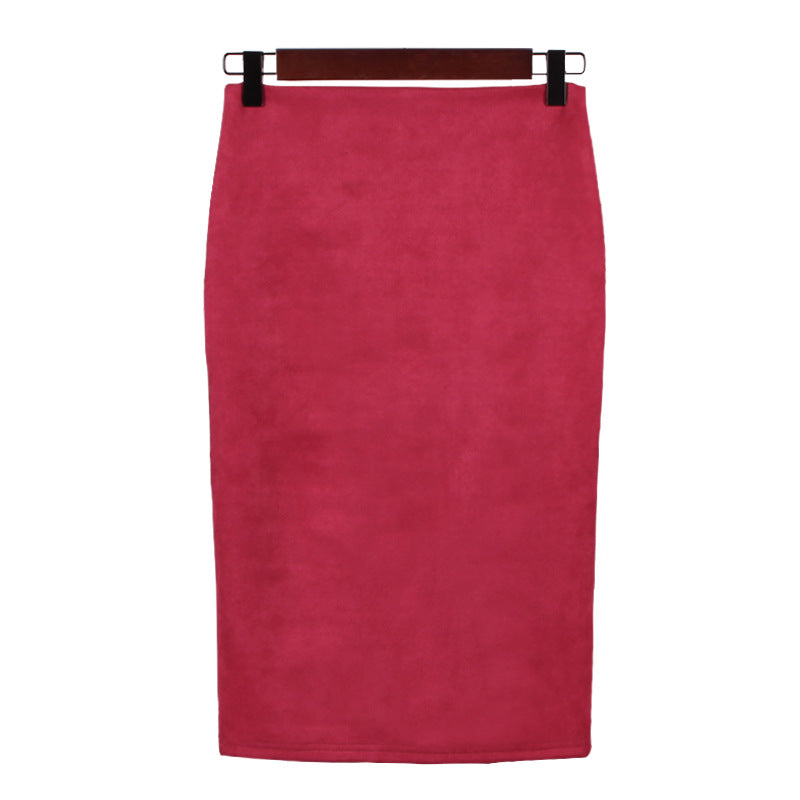 Solid Color Split Suede Skirt High Waist Slimming Sheath Skirt