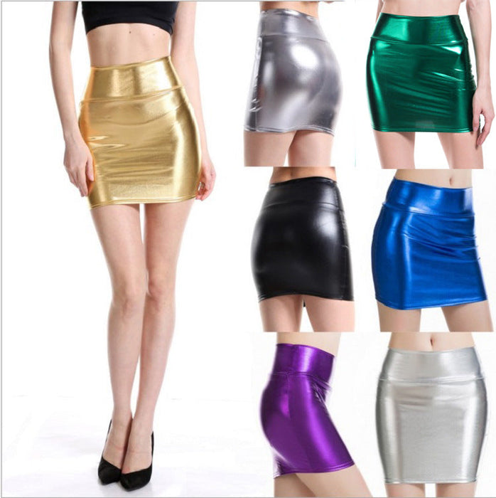 Sexy All-Match Performance Wear Faux Leather Hip Skirt Bronzing Solid Color Women Short Skirt One-Step Skirt