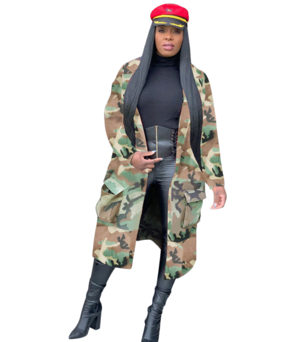 Autumn Winter  Women Clothing Camouflage Printed Mid-Length Trench Coat