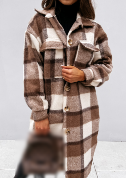 Winter Women Clothing Plaid Brushed Woolen Long Blouse