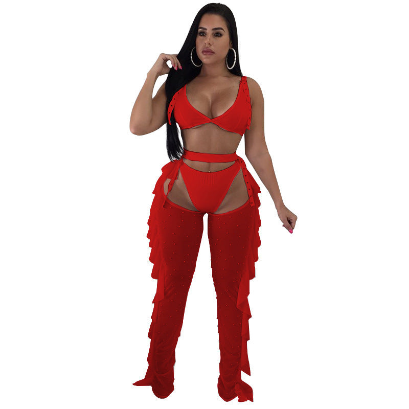 Women Clothing Sexy Mesh Beads Wooden Ear Three Piece Suit