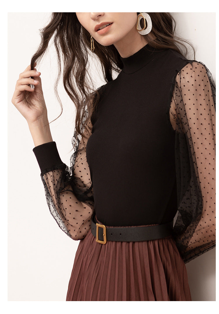 Fall Women Clothing Half-High Collar Long Sleeves Puff Sleeve Tight High-Profile Figure Bottoming Shirt Top for Women