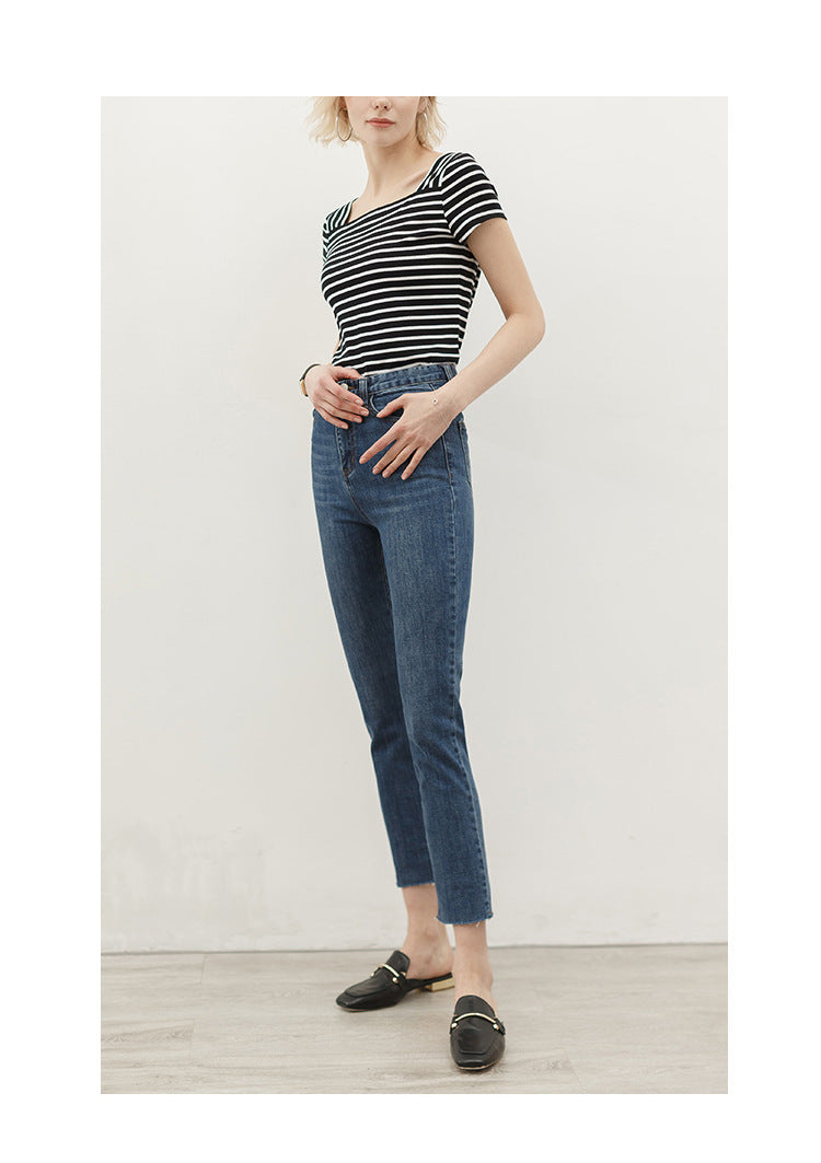 Spring Summer Women T-shirt Striped Horizontal T-shirt Women Knit Shirt