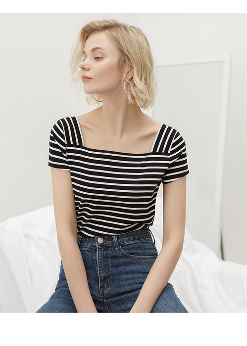 Spring Summer Women T-shirt Striped Horizontal T-shirt Women Knit Shirt