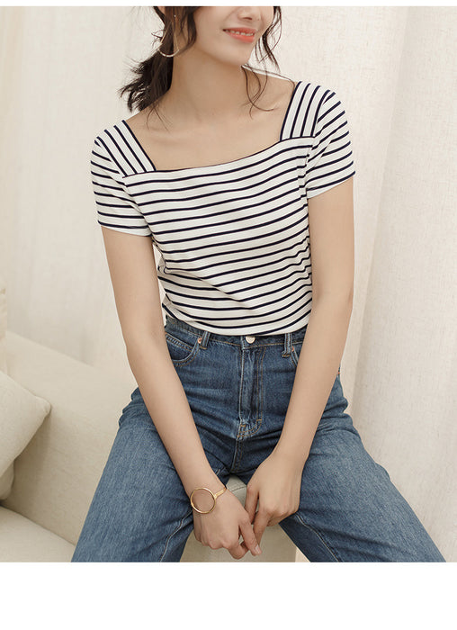 Spring Summer Women T-shirt Striped Horizontal T-shirt Women Knit Shirt