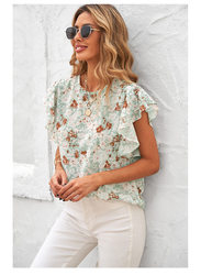 Floral Chiffon Shirt Summer Plant Floral Print Sweet round Neck Short Sleeve Shirt for Women