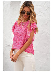 Floral Chiffon Shirt Summer Plant Floral Print Sweet round Neck Short Sleeve Shirt for Women