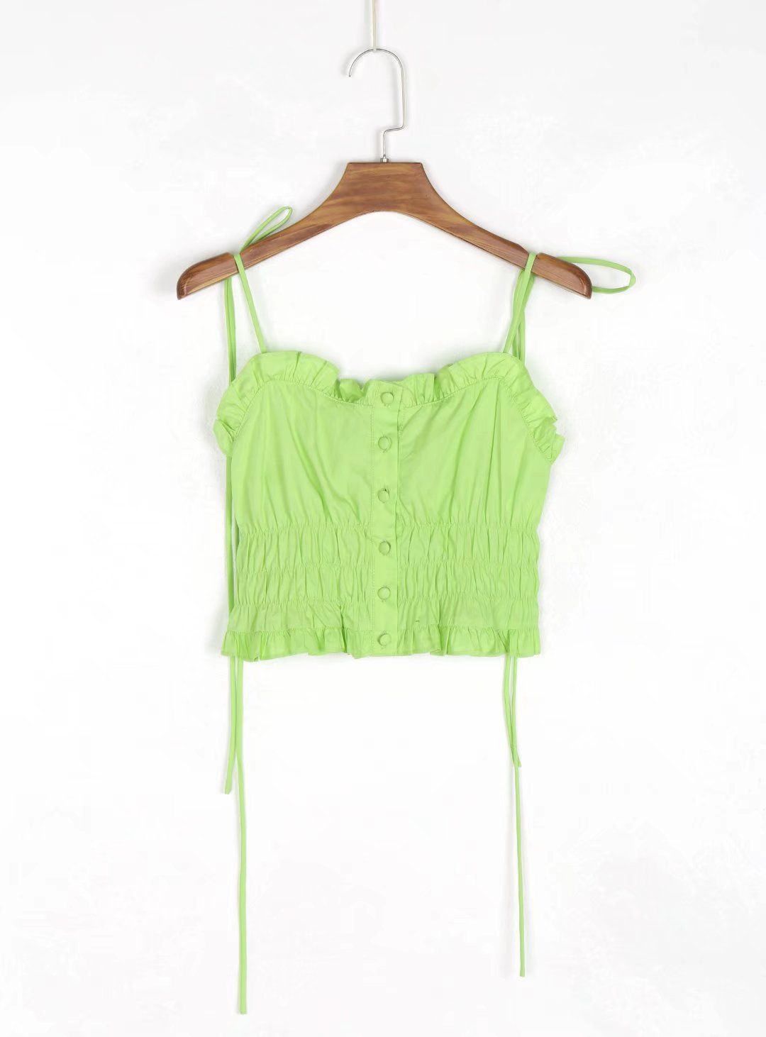 Summer Single-Breasted Wooden Ear Slim-Fit Pleated cropped Lace-up Camisole Women Sleeveless Camisole Top Tie Strap smocked
