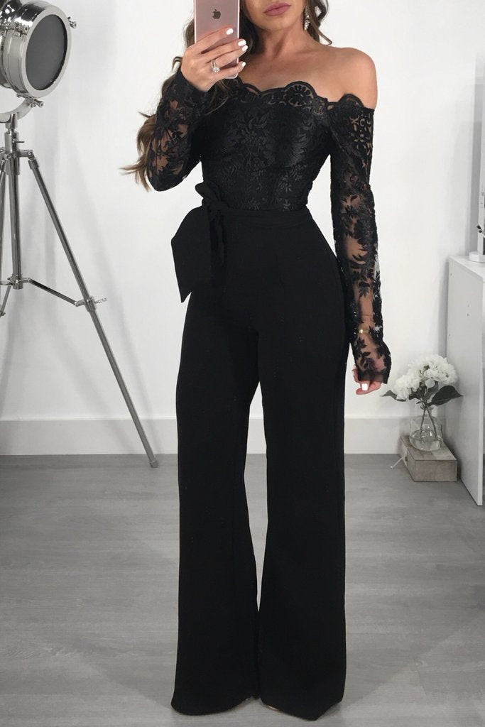 Clothing Casual Women Water Soluble Lace off Neck Wide Leg Jumpsuit