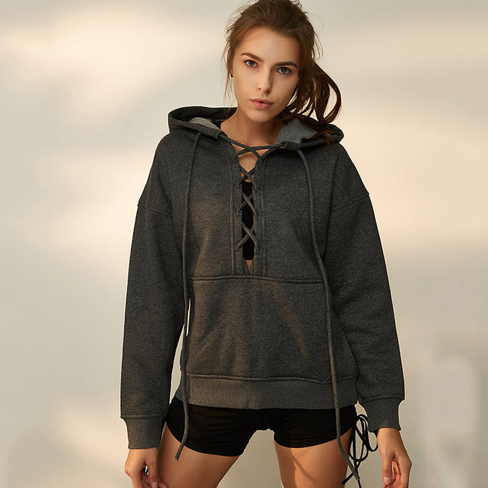 Autumn Winter Pure Cotton Fleece Sports Women Running Fitness Drawstring Hoodie