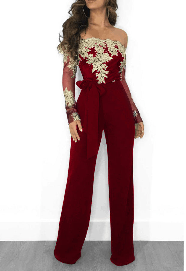 Clothing Casual Women Water Soluble Lace off Neck Wide Leg Jumpsuit