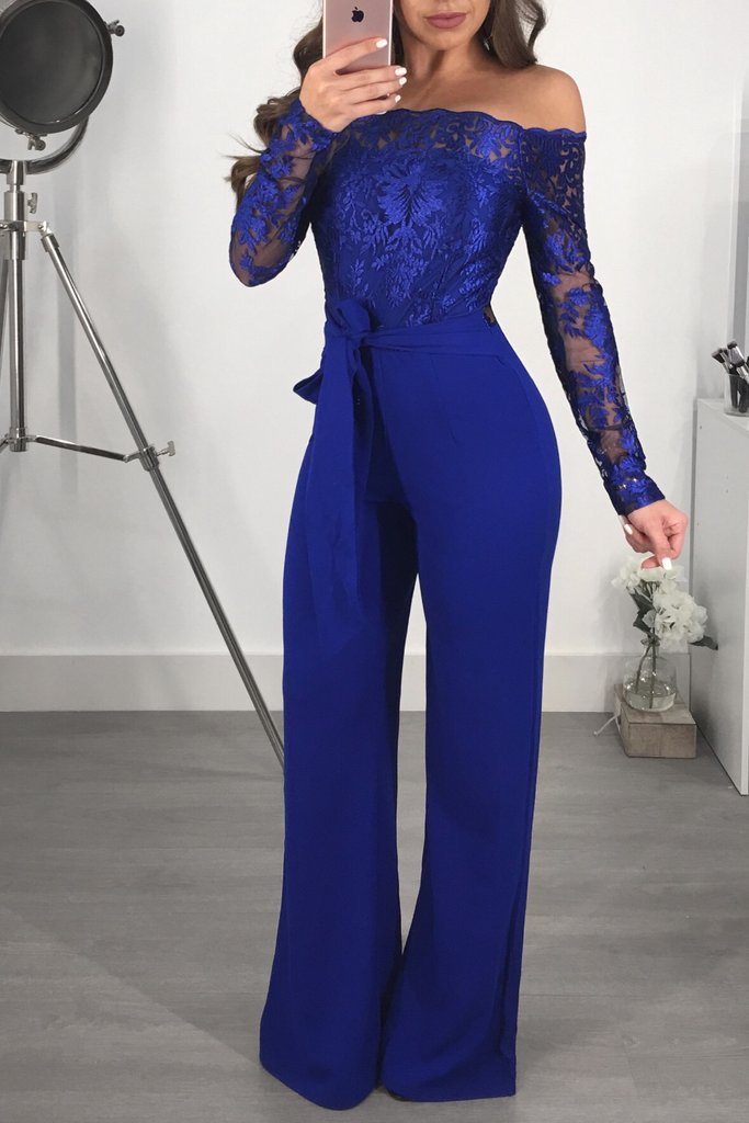 Clothing Casual Women Water Soluble Lace off Neck Wide Leg Jumpsuit