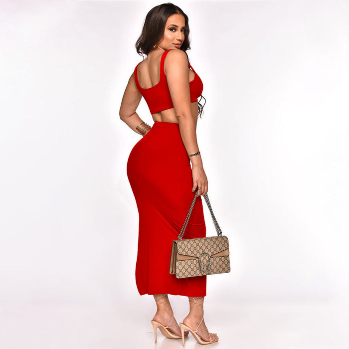 Sexy Sleeveless Tube Top Solid Color Skirt Set Women Clothing