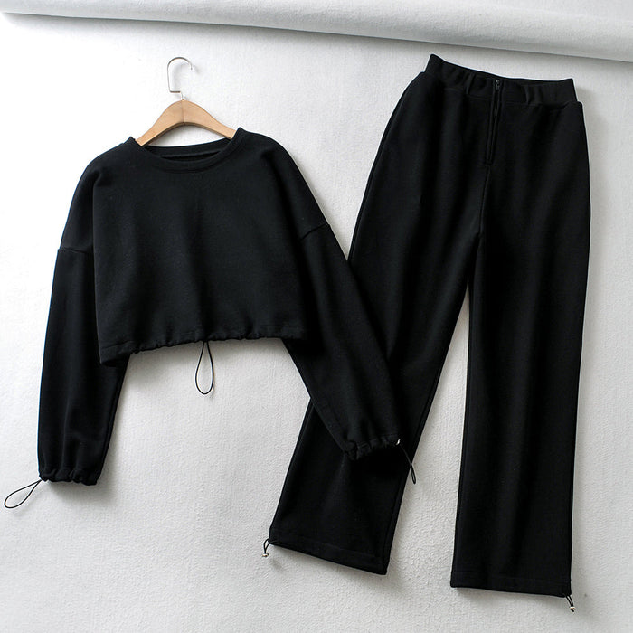 Short Fleece Solid Color Hoodie Pants Women Autumn Winter Drawstring at Hem High Waist cropped Sets