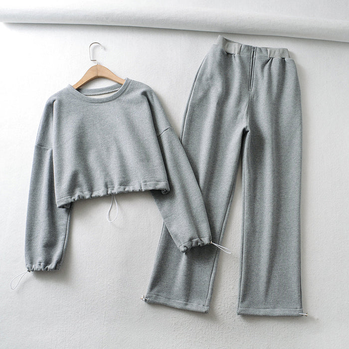 Short Fleece Solid Color Hoodie Pants Women Autumn Winter Drawstring at Hem High Waist cropped Sets