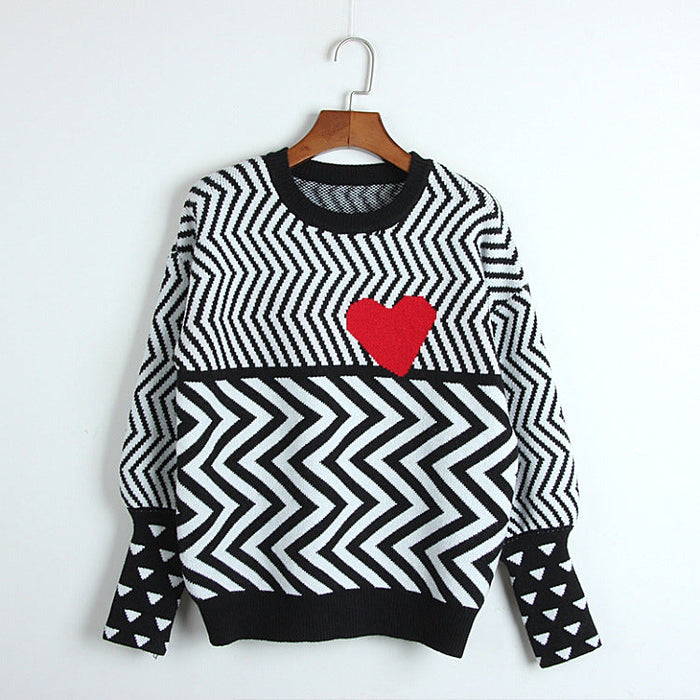 Spring Autumn Winter Wave Striped Color Matching Knitted Love Pullover Women Trendy round Neck Long Sleeve Sweater