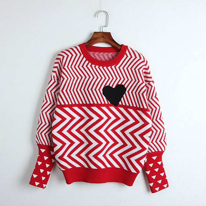 Spring Autumn Winter Wave Striped Color Matching Knitted Love Pullover Women Trendy round Neck Long Sleeve Sweater