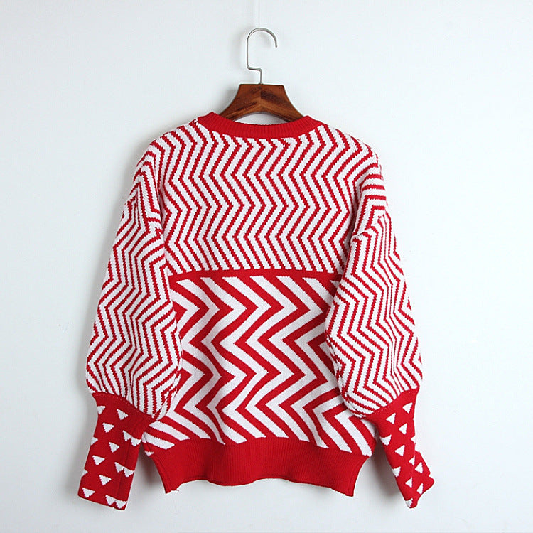 Spring Autumn Winter Wave Striped Color Matching Knitted Love Pullover Women Trendy round Neck Long Sleeve Sweater