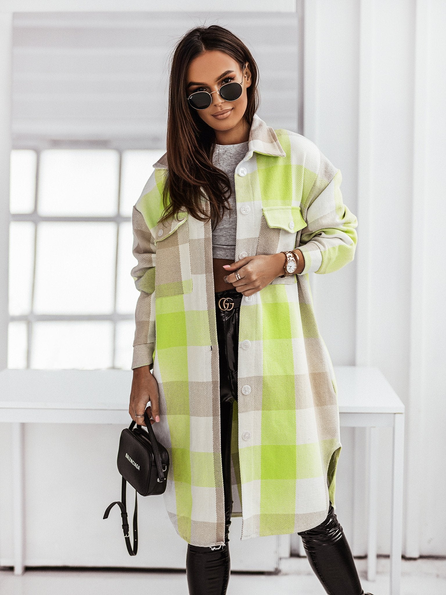 Autumn Winter Long Sleeve Color Plaid Brushed Woolen Long Coat for Women