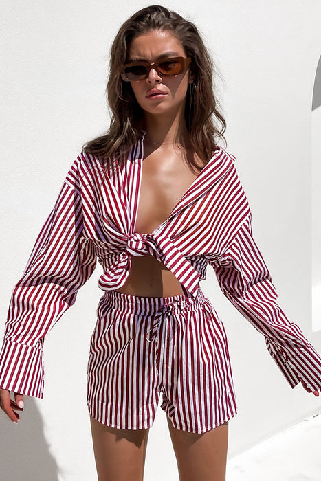 Spring Summer Office Casual Pants Suit Women Shirt Striped Long Sleeve Split Two-Piece Set