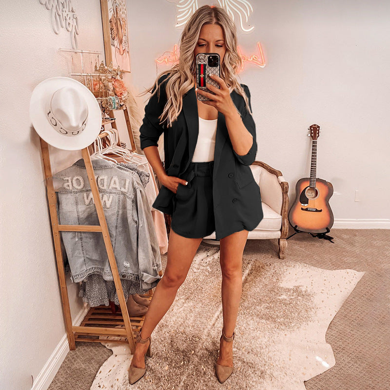 Women Clothing Spring Autumn Simple Collared Small Suit Long Sleeve Two-Piece Suit Casual Shorts Suit