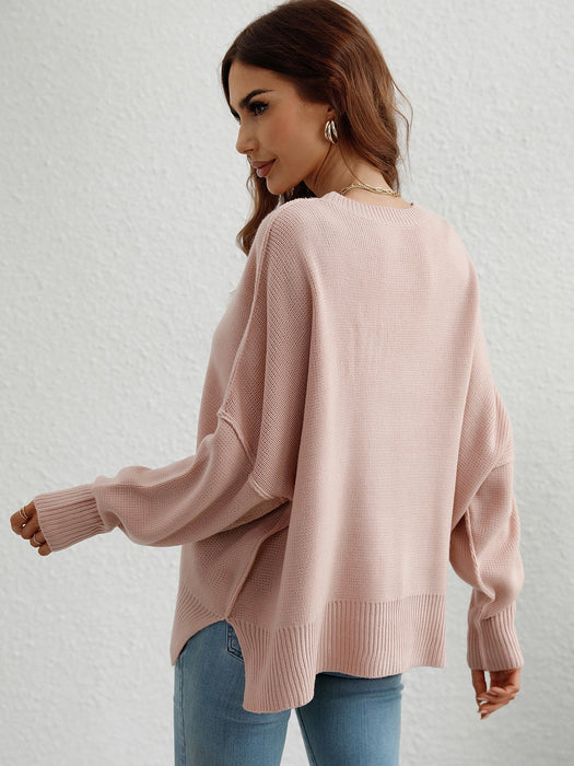 Autumn Winter Long Sleeve round Neck Knitted Loose Split Pullover Women