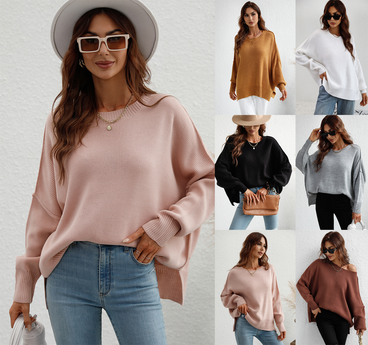 Autumn Winter Long Sleeve round Neck Knitted Loose Split Pullover Women