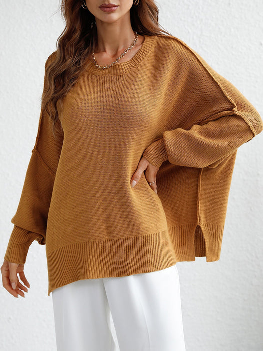 Autumn Winter Long Sleeve round Neck Knitted Loose Split Pullover Women