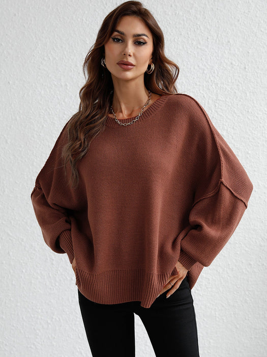 Autumn Winter Long Sleeve round Neck Knitted Loose Split Pullover Women