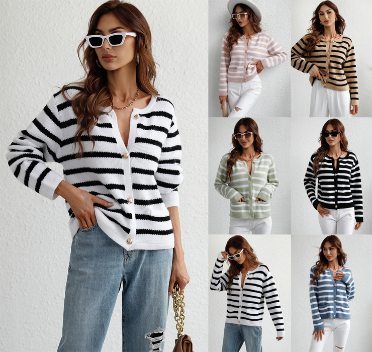 Autumn Winter Striped Loose Women Clothing Sweater Women Single Breasted Cardigan Sweater