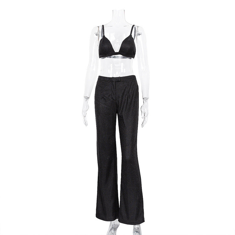 Glitter Camisole Slim Straight High Waisted Trousers Flash Coat Nightclub Suit