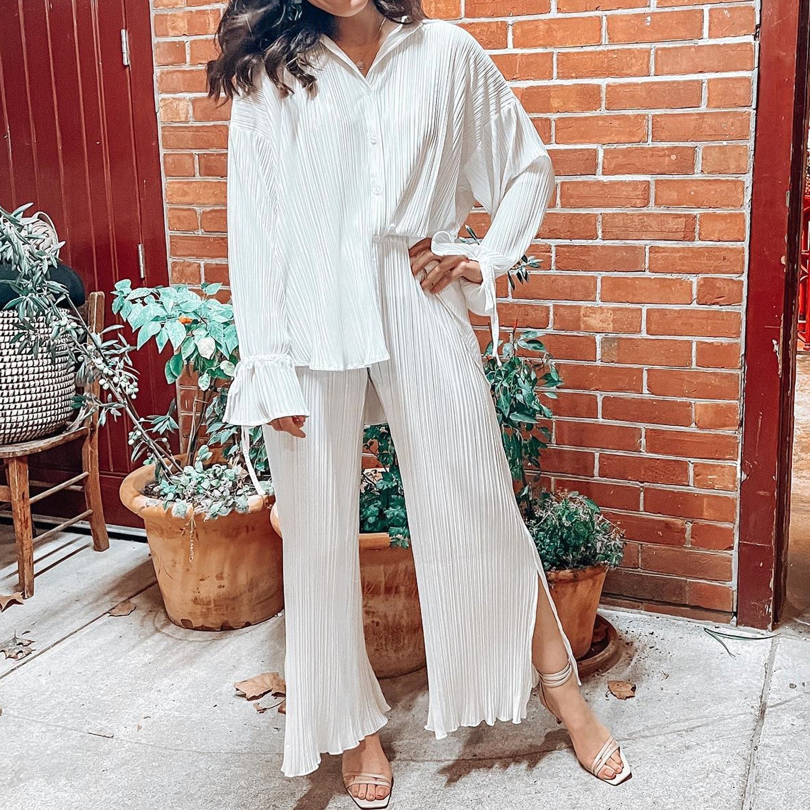 Women Spring Summer Set Pleated Shirt Long Sleeve Collared Cardigan Split Trousers Pajamas Two Piece