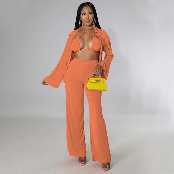 Women Clothing Long-Sleeved Bikini Wide-Leg Pants Solid Color Casual Set