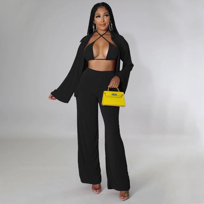 Women Clothing Long-Sleeved Bikini Wide-Leg Pants Solid Color Casual Set