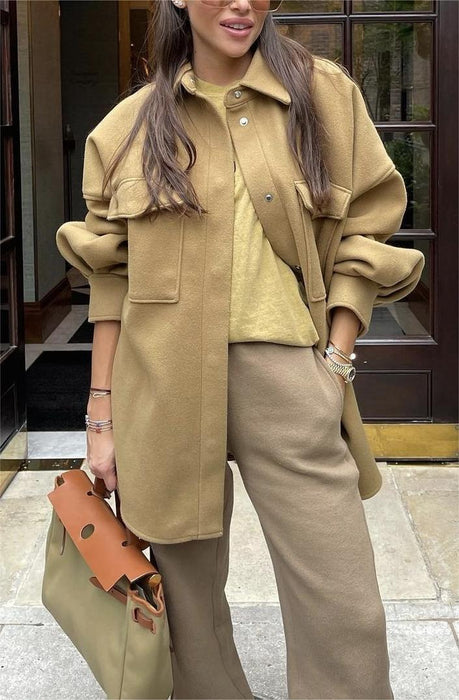 Spring Autumn Loose Slimming Light Camel Collared Woolen Coat Outerwear Women